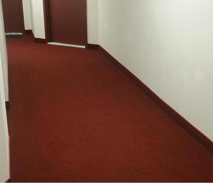 red commercial carpet installed with new baseboards, all dry and clean